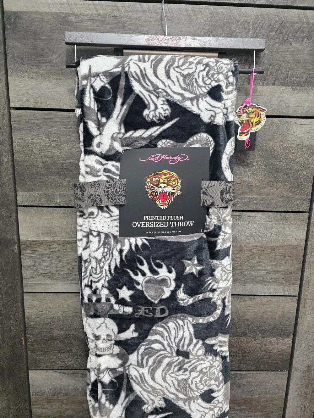 Ed Hardy Tiger Cobra Oversized Black Gray Throw Blanket New